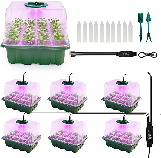 6 Pack Seed Starter Kit with Grow Light 72 Cells Plant Starter Trays with 3.9 Inch Adjustable Humidity Dome Reusable Indoor Plant Germination Tray for Gardening