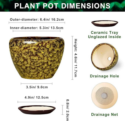 6 Inch Ceramic Plant Pots - Ceramic Pots for Plants Indoor Outdoor, Decorative Round Planter with Drainage Hole and Tray, Small Flower Pot, Bedroom Decor, Plant Lover Gifts, Yellow Leopard