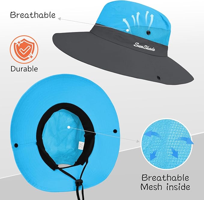 ZOORON Women's Ponytail Safari Sun Hat,Wide Brim UV Protection Outdoor Bucket Hat,Foldable Beach Summer Fishing Hat