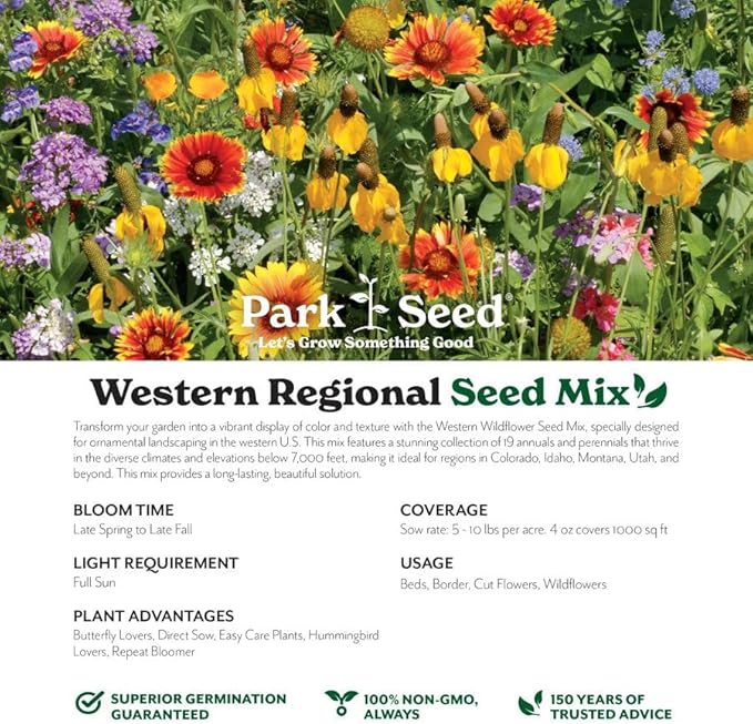 Park Seed Grow Your Own Vibrant Annual and Perennial Wildflower Garden Seeds Mixture, Easy to Grow Varieties for Pollinators and Spring Gardens - Western Regional Mix, 50 lbs