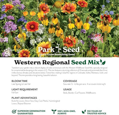 Park Seed Grow Your Own Vibrant Annual and Perennial Wildflower Garden Seeds Mixture, Easy to Grow Varieties for Pollinators and Spring Gardens - Western Regional Mix, 1/4 lb