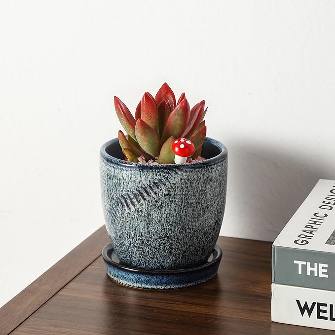 4+6 Inch Ceramic Planter Set of 2 with Drainage Hole and Saucer for Plants, Indoor-Outdoor Large Round Succulent Orchid Flower Pot -Inner-pots not Larger Than 5 Inch Reactive Glaze Blue
