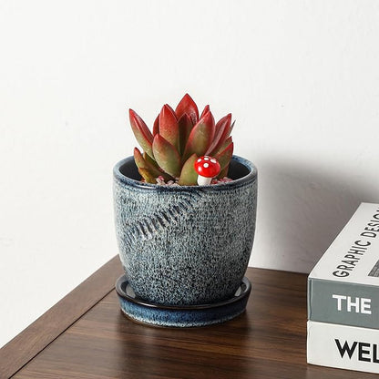 4+6 Inch Ceramic Planter Set of 2 with Drainage Hole and Saucer for Plants, Indoor-Outdoor Large Round Succulent Orchid Flower Pot -Inner-pots not Larger Than 5 Inch Reactive Glaze Blue
