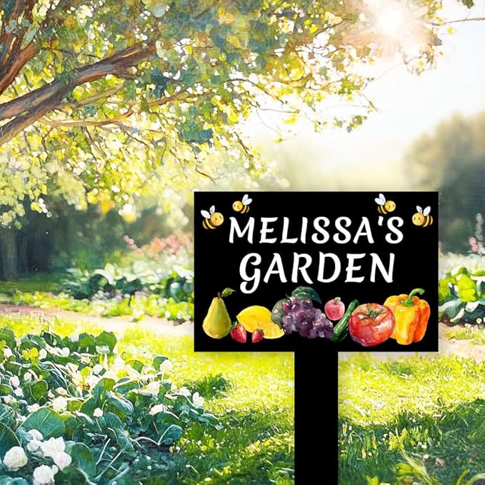 Personalized Bees Fruits Vegetable Garden Sign with Stake, Custom Metal Orchard Sign for Outdoor Farmhouse Yard Decor Lawn Art Housewarming Gift, Customized Vegetable Garden Stake Signs