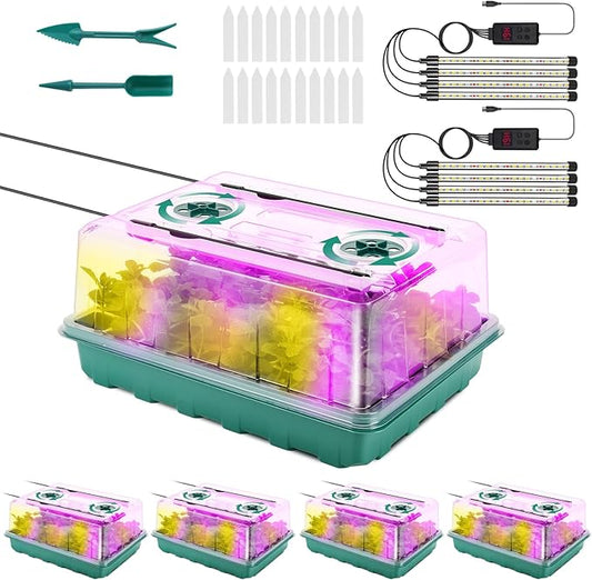 192 Cells Seed Starter Tray with Grow Light, Seed Starter Kit with Adjustable Humidity Dome, Seed Starting Trays Plant Starter Kit for Seeds Growing Starting, Indoor Gardening, Greenhouse