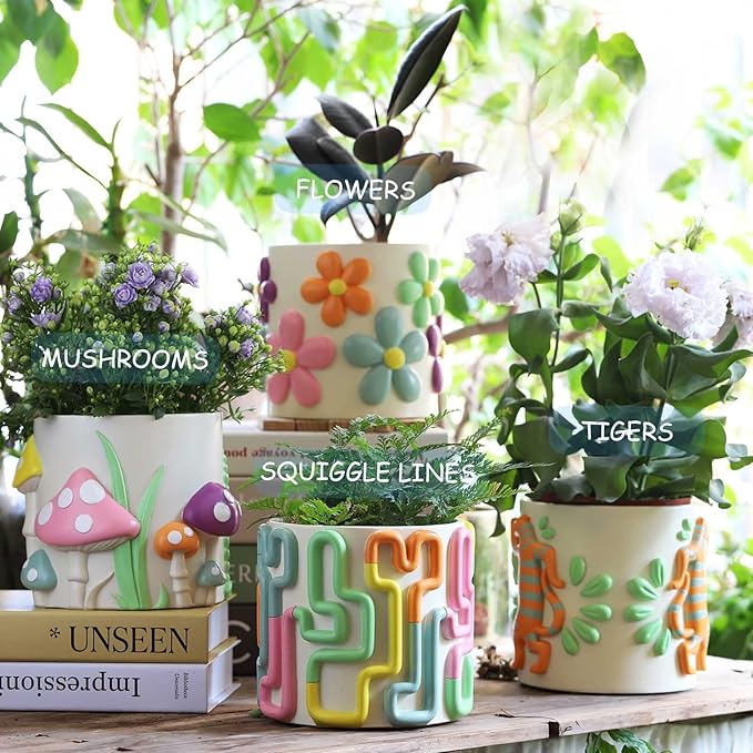 GUGUGO Colorful Flowers Planters Cute Unique Rainbow Planter with Drainage,Vintage Retro Eclectic Flower Plant pots for Indoor Plants and Succulent,Boho Modern Home Décor