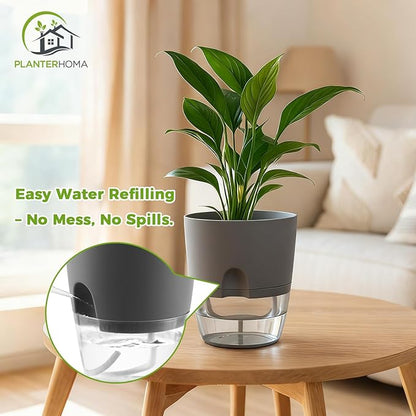 Planterhoma 5 Pack Self Watering Pots for Indoor Plants, 9 Inch Plant Pot Plastic Self Watering Planter for Orchid, Monstera, Lily, Large Clear Flower Pots with Drainage Holes and Wicking Rope, Gray