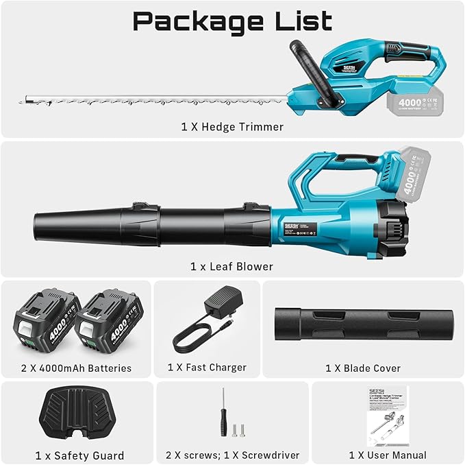 SEESII Cordless Hedge Trimmer and Leaf Blower Combo, 2 Pcs 4.0Ah Batteries, Electric Handheld Bush Trimmer with 20" Dual-Action Blade, Lightweight Brushless Blower with 2 Speed Modes for Yard Garden