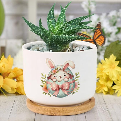 DreamAutumn Easter Bunny Peeking Ceramic Pots for Plants with Drainage Holes Round Flower Pot Bamboo Tray Orchid Pot Succulents Pots for Outdoor Indoor Plants
