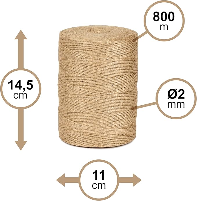 The cordeline Roll Jute Roll 1kg 5 x Natural Jute Rope Diameter 2 mm, ± 800 M, 13, 15, 5 cm