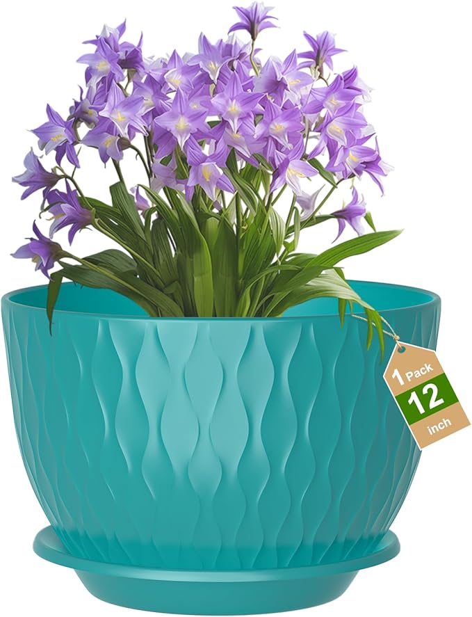12 inch Large Plant Pots, Flower Pots with Multi-Mesh Drainage Holes and Saucer, Plastic Planters for Indoor and Outdoor Garden Plants (Black-Green, 12")