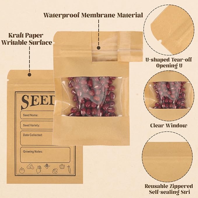 100pcs Seed Saving Envelopes with Clear Window, 4.7x3.1 Inch Reusable Seed Kraft Storage Organizer Packets Envelopes for Flower Vegetable Plants Garden Seeds Saving & Collecting