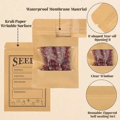 100pcs Seed Saving Envelopes with Clear Window, 4.7x3.1 Inch Reusable Seed Kraft Storage Organizer Packets Envelopes for Flower Vegetable Plants Garden Seeds Saving & Collecting