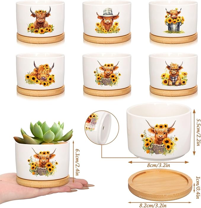 6Pcs Highland Cow Decor Gift Planter Rustic Cow Sunflower Ceramic Succulent Pots Animal Plant with Tray Appreciation Gift for Farmhouse Home Office Kitchen Bathroom, No Plants