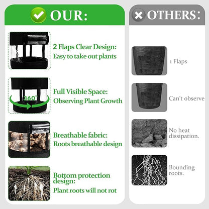 4 Pack 10 Gallon 360°Visible Potato Grow Bags,Heavy Duty Thickened Nonwoven Fabric Planter Bags with 2 Clear Harvest Windows&Removable Shading Cover,Reinforced Handles,Vegetable Grow Bags with Labels