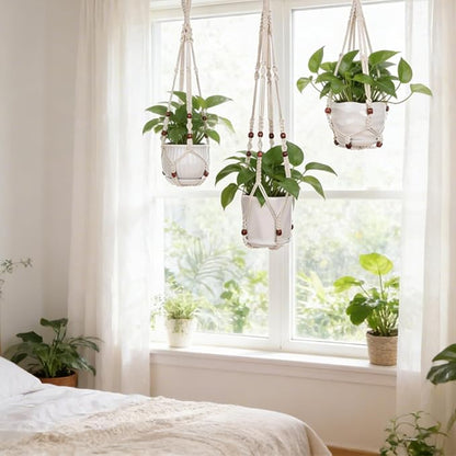 YIBOT 3 Pack Macrame Plant Hangers Indoor Different Size Hanging Planter Basket Flower Pot Holder with Beads No Tassels 35"/29"/23"(POTS NOT Included)