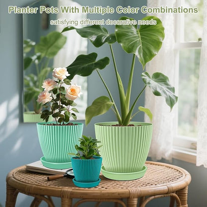 SupKing Plant Pots with Drainage Saucers 7.5/6.7/6/5/4/3.5 Inch Set of 6,Plastic Flower Pots Planters with Multi Mesh Drainage Holes Multicolor Nursery Planting Pot for Indoor Outdoor Garden Plants