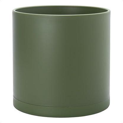 D'vine Dev 14 Inch Plastic Planter Pots for Plant Pot with Drainage Hole and Seamless Saucers, Olive, 74-X-I-4