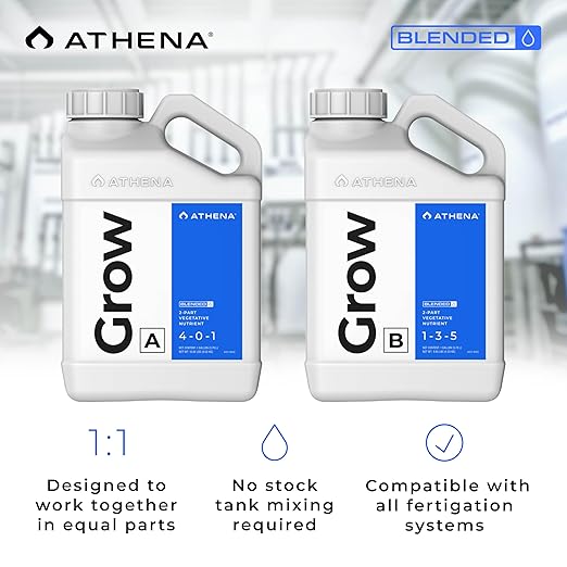 Athena Blended Grow A&B | 2-Part Vegetative Liquid Fertilizer for Hydroponics & Soil | Plant Food for Veg Stage Growth | NPK A 4-0-1 | B 1-3-5 | 1 Gallon