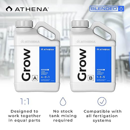 Athena Blended Grow A&B | 2-Part Vegetative Liquid Fertilizer for Hydroponics & Soil | Plant Food for Veg Stage Growth | NPK A 4-0-1 | B 1-3-5 | 1 Gallon