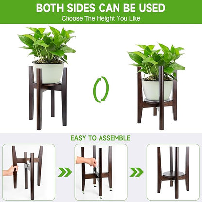 2 Packs Adjustable Plant Stand with Tray,Indoor Wood Plant Stand Fit 8'' to 12'' Planter,Mid Century Modern Flower Pot Holder Rack(Plant and Pot Not Included) Walnut