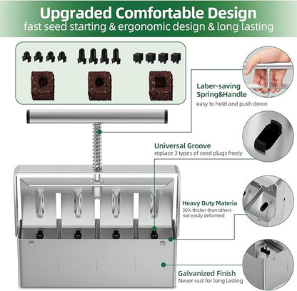 Soil Blocker 2 Inch 4 Cell Upgraded Soil Block Maker Heavy Duty with Comfortable Handle and 3 Sizes Seed Pins Handheld Soil Blocking Tool for Seed Starting transplanting Germination