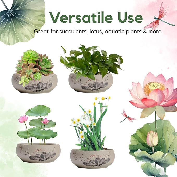 Lotus Bowl Planter, Ceramic Water Lily Bowl, Hydroponic Bonsai Lotus Bowls for Water Plants Indoor, Succulent Pots, Leak-Proof Design, LotusLeaf Pattern (7.56in*2.76in)