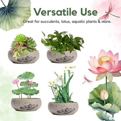 Lotus Bowl Planter, Ceramic Water Lily Bowl, Hydroponic Bonsai Lotus Bowls for Water Plants Indoor, Succulent Pots, Leak-Proof Design, LotusLeaf Pattern (7.56in*2.76in)