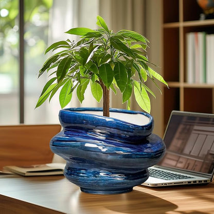 Ceramic Pots for Plants - 10.6 Inch Ceramic Planter with Drainage Hole, Decorative Planters for Indoor Outdoor, Unique Flower Pots, Garden Office House Decor, Birthday Housewarming Gifts, Blue