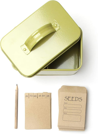 Katai Steel Seed Storage Box Organiser in Green. Compact Seed Packet Container with Lid Complete with Monthly Dividers, 20 Envelopes and Pencil