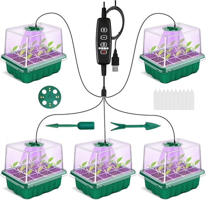 GOONMMILL Seed Starter Tray with Timed Grow Light, 5 Packs Plant Starter Tray Seedling Starter Kit with Humidity Domes Base Indoor Greenhouse Mini Propagator Station for Seeds Growing Starting