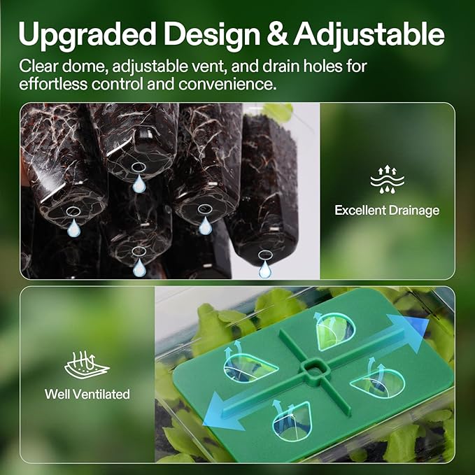 VIVOSUN 12-Pack Seed Starter Trays, 72-Cell Seed Starter Kit with Humidity Dome, Flat Reusable Plant Germination Trays with Drain Hole, Green Propagation Tray for Planting Seeds
