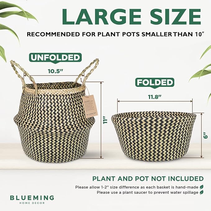 Blueming Home Wicker Plant Basket – Large Seagrass Floor Pot for Faux Olive Tree or Snake Plant, Black Decorative Woven Indoor Planter for 9-10 Inch (Black, Large)