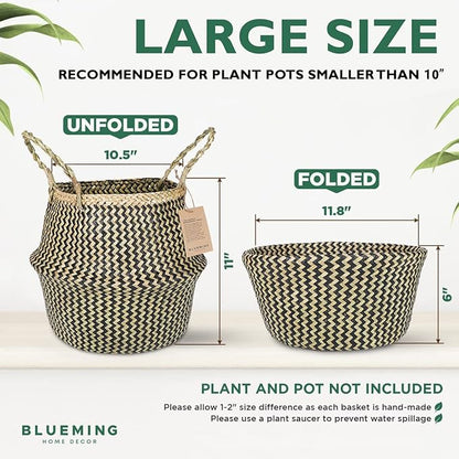 Blueming Home Wicker Plant Basket – Large Seagrass Floor Pot for Faux Olive Tree or Snake Plant, Black Decorative Woven Indoor Planter for 9-10 Inch (Black, Large)