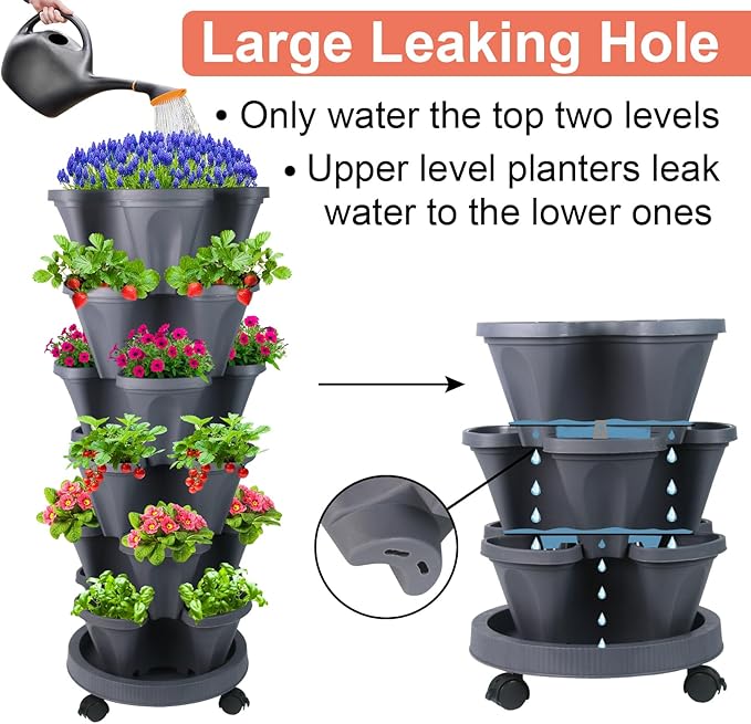 GameXcel Vertical Planter 6 Tier Stackable Planters Garden Planters Strawberry Herb Flower and Vegetable Planter Indoor Outdoor Gardening Pots with Removable Wheels and Tools
