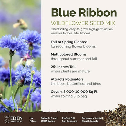 Eden Brothers Blue Ribbon Flower Mixed Seeds for Planting, 5 lb, 2,400,000+ Seeds with Blue Bell, Cornflower Blue, Chicory, Attracts Pollinators, Plant in Spring or Fall, Zones 3, 4, 5, 6, 7, 8, 9, 10