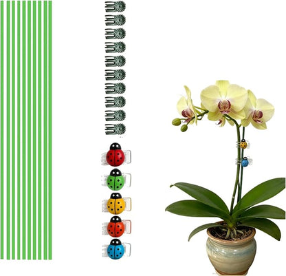 16.5 Inch Plant Stakes - 10 Pcs Bendable Orchid Stakes Green with 10 Clips & 5 Adorable Ladybug Clips for Indoor Outdoor Potted Plants, Orchids, Tomatoes, Flowers Gardening