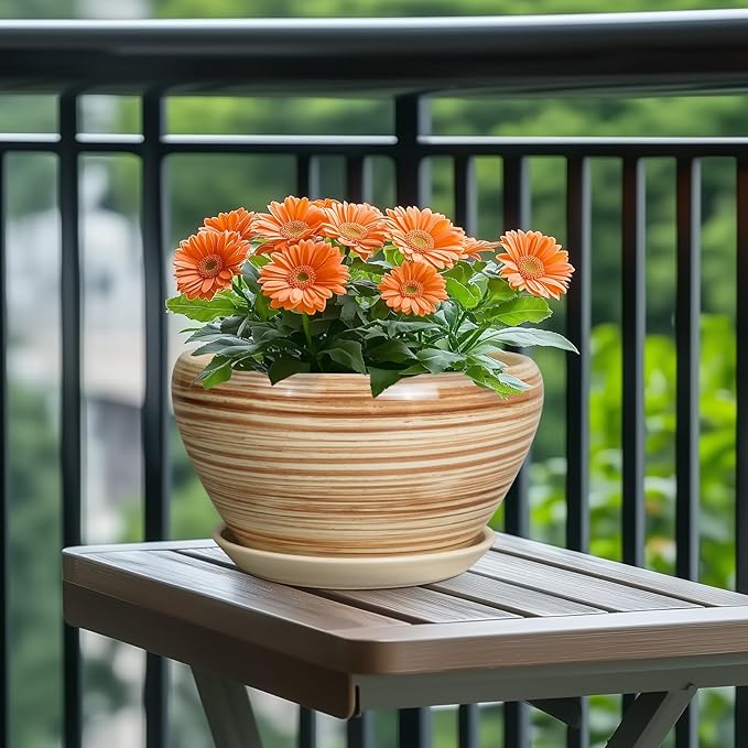Ceramic Pot for Plants 11 Inch - Planter for Outdoor Plants Indoor Plant Pot with Drainage Hole and Saucer Large Planter Round Flower Pot for House Patio Garden Yellow