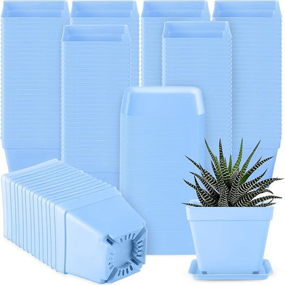 Amyhill 4 Inch Flower Pots Square Plants Nursery Pot Plastic Plant Seedling Pots Nursery Transplanting Planter Container with Saucer for Indoor Herbs Succulent Balcony Garden(Blue,100 Pcs)