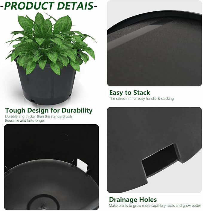 10-Pack 3.9 Gallon Round Planter Nursery Pots, Flower Plant Container Injection Molded Plastic Nursery Pots Gardening Pots for Indoor Outdoor Vegetables, Succulents, Black