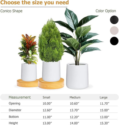 15.3" H x 15" D Conico Fiberstone Round Planter with Drainage Hole, Smooth Finishes, Weather Resistant for Indoor and Outdoor Use, Included 2 Extra Coco Mats (White, 11.7" Pot Opening)
