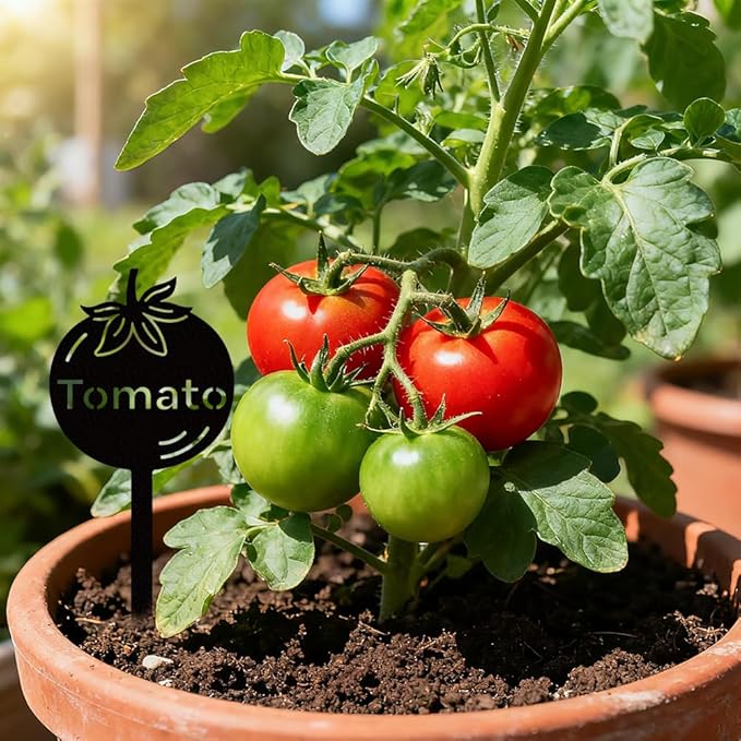WADORN 3Pcs Vegetable Party Metal Decorative Garden Stakes, Onion Carrot Tomato Plant Label Signs Rust Weather Resistant Stakes Silhouette Ornaments for Yard Art Garden Patio Backyard Lawn Decors