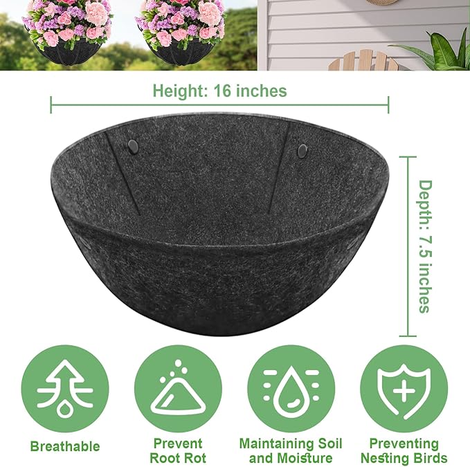 Riare 4 Pack 16 Inch Round Fabric Planter Basket Liner- Felt Hanging Basket Liners Replacement Coco Fiber Liner Alternative for Hanging Basket Flowers (Prevent Birds from Nesting)