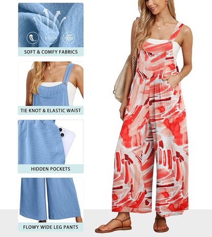 IWOLLENCE Women's Summer Jumpsuits Boho Wide Leg Overalls Casual Loose Rompers with Pockets 2025