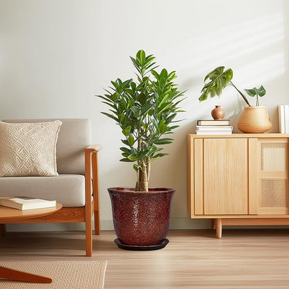 Ceramic Pots for Plants - 12 Inch Plant Pot for Indoor Outdoor, Round Planter with Drainage Hole and Saucer, Large Decorative Planters, Modern Flower Pot, Office Decor, Garden Gifts, Red