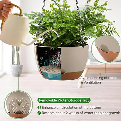 Hanging Planters for Indoor Plants, Set of 2 8/10 Inch Self-Watering Hanging Pots with Drainage Hole & Removable Water-Storage Tray II Screw-in Hooks II