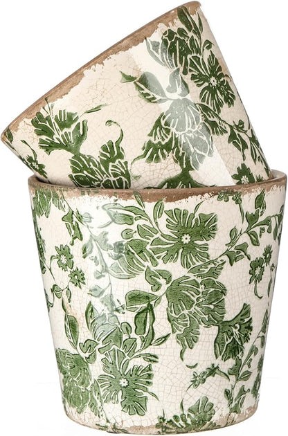 2 Pcs Farmhouse Ceramic Planters Gifts Set 5.1"x 5.5" Christmas Vintage Flowers Pots Green Ice Crackle Glazed Plants Pots with Drainage for Rustic Boho Indoor Outdoor Plants Home Office Decor