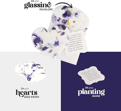 Set of 24 Purple Heart Seed Paper – Writable & Plantable Wildflower Hearts with Envelopes & Planting Guides, Gift for Moms or Plant Lovers for Mother’s Day, Heart Party Favors for Weddings & Showers
