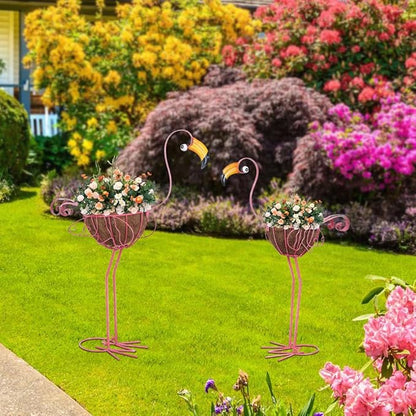 hogardeck Garden Decor for Outside, Set of 2 Pink Flamingo Planters with Basket, Metal Standing Flamingo Plant Pots Yard Art for Home Indoor Outdoor Garden Porch Lawn Patio Pool
