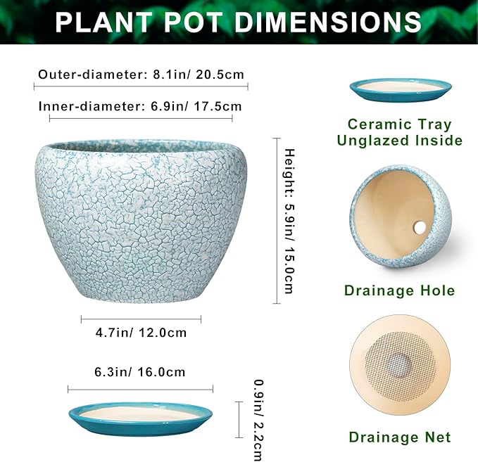 Ceramic Plant Pots - 8 Inch Indoor Plant Pots with Drainage Hole and Tray, Decorative Round Planters for Outdoor Plants, Indoor Plant Pot, Home Decor, Gifts for Men Women, Crackle Blue